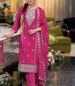 Pink embroidered chinon free size stitched readymade yoke design straight suit set with pant