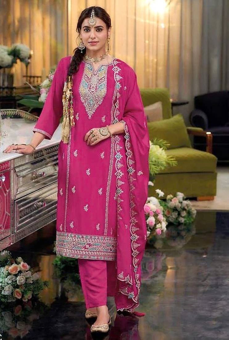 Pink embroidered chinon free size stitched readymade yoke design straight suit set with pant