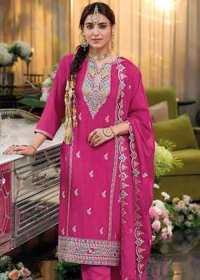 Pink embroidered chinon free size stitched readymade yoke design straight suit set with pant 2