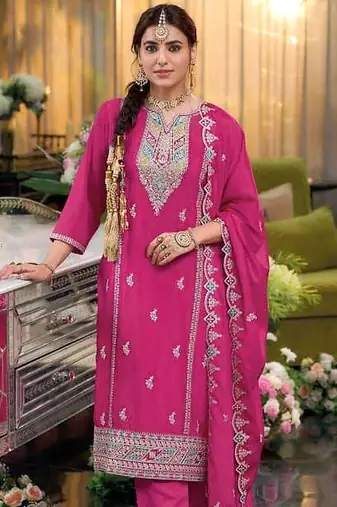 Pink embroidered chinon free size stitched readymade yoke design straight suit set with pant