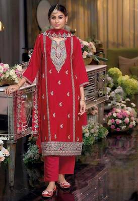 Red embroidered chinon free size stitched readymade yoke design straight suit set with pant 1