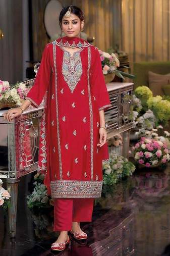 Red embroidered chinon free size stitched readymade yoke design straight suit set with pant
