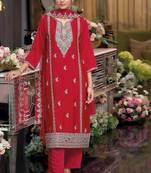 Red embroidered chinon free size stitched readymade yoke design straight suit set with pant