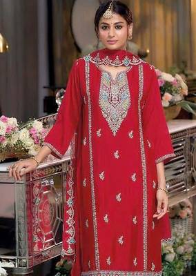 Red embroidered chinon free size stitched readymade yoke design straight suit set with pant 2