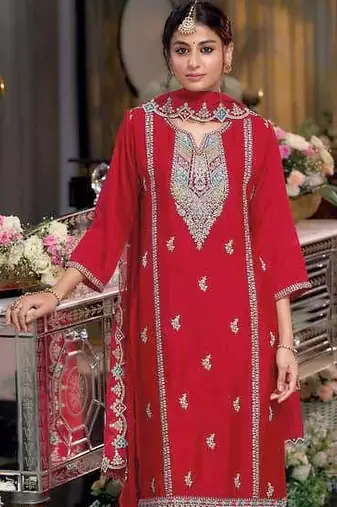 Red embroidered chinon free size stitched readymade yoke design straight suit set with pant