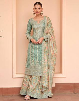 Green sequince embroidered chinon free size stitched readymade sharara suit set with dupatta 1