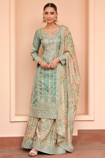 Green sequince embroidered chinon free size stitched readymade sharara suit set with dupatta