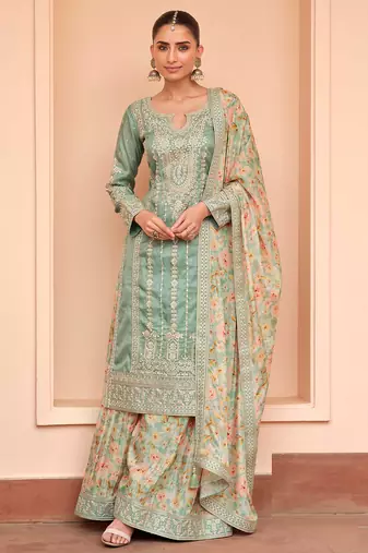 Green sequince embroidered chinon free size stitched readymade sharara suit set with dupatta