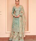 Green sequince embroidered chinon free size stitched readymade sharara suit set with dupatta