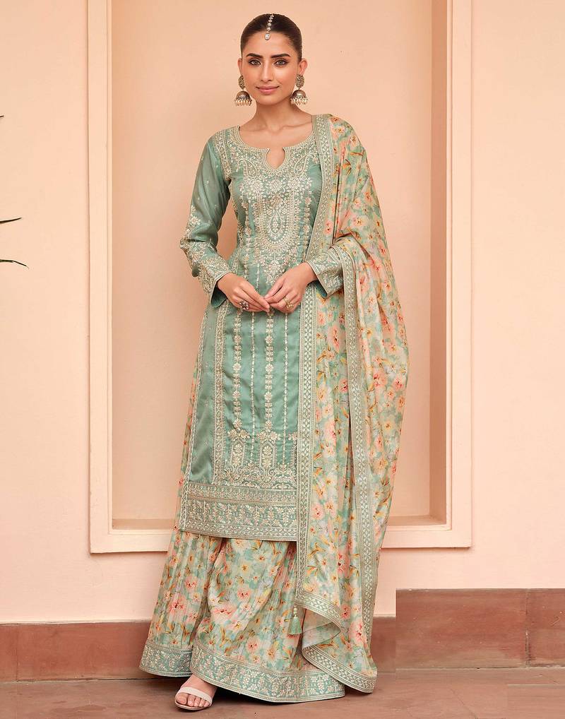 Green sequince embroidered chinon free size stitched readymade sharara suit set with dupatta