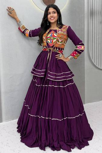 purple cotton navratri special lehenga choli with mirror lace work