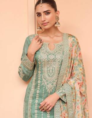 Green sequince embroidered chinon free size stitched readymade sharara suit set with dupatta 2