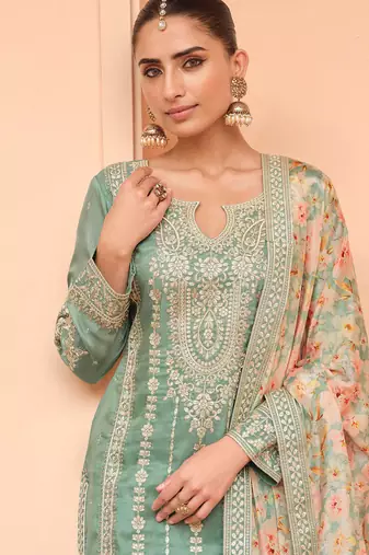 Green sequince embroidered chinon free size stitched readymade sharara suit set with dupatta
