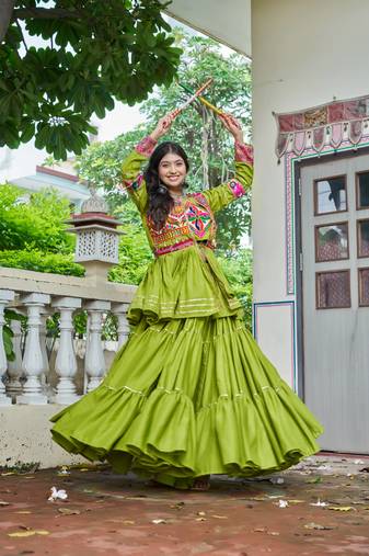 Parrot Green Pure Cotton Mirror Gamthi Work Lehenga Choli