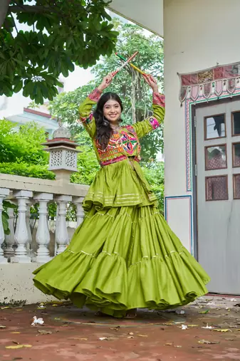 Parrot Green Pure Cotton Mirror Gamthi Work Lehenga Choli