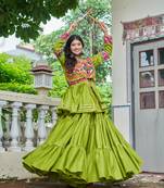 Parrot Green Pure Cotton Mirror Gamthi Work Lehenga Choli
