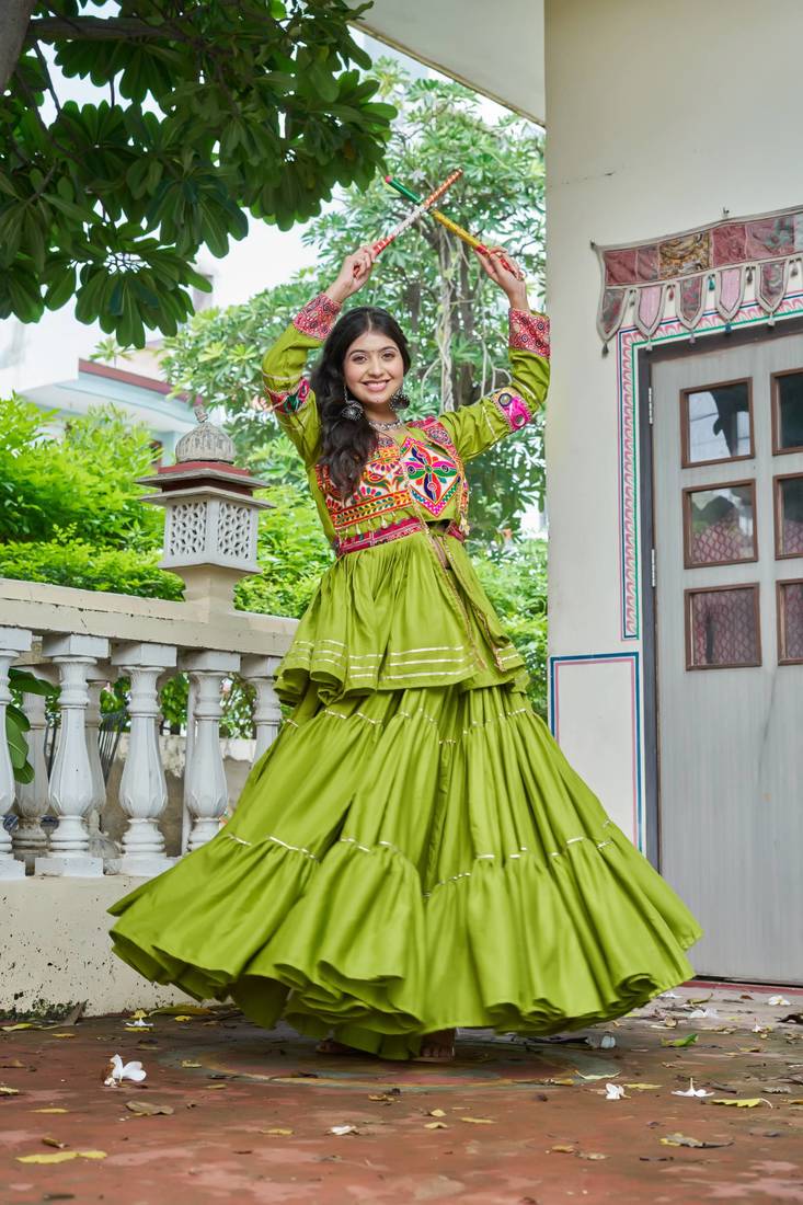 Parrot Green Pure Cotton Mirror Gamthi Work Lehenga Choli