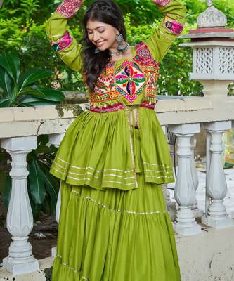 Parrot Green Pure Cotton Mirror Gamthi Work Lehenga Choli 3