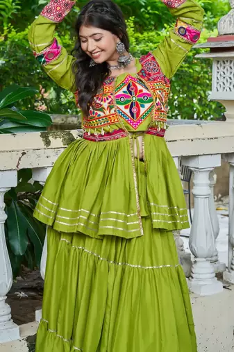 Parrot Green Pure Cotton Mirror Gamthi Work Lehenga Choli