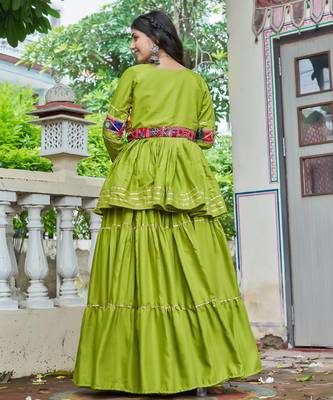 Parrot Green Pure Cotton Mirror Gamthi Work Lehenga Choli 4