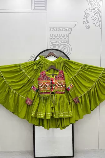Parrot Green Pure Cotton Mirror Gamthi Work Lehenga Choli