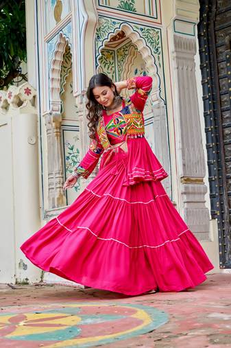 pink mirror pure cotton gamthi work lehenga choli