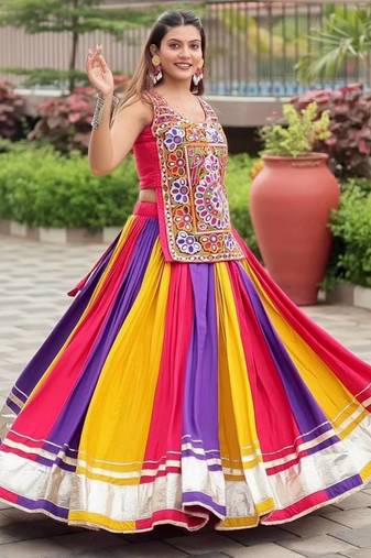 Navratri Wear Multi Color Gamthi Real Mirror Work Cotton Lehenga Choli