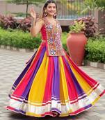 Navratri Wear Multi Color Gamthi Real Mirror Work Cotton Lehenga Choli