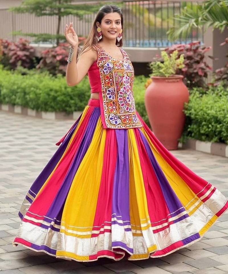Navratri Wear Multi Color Gamthi Real Mirror Work Cotton Lehenga Choli