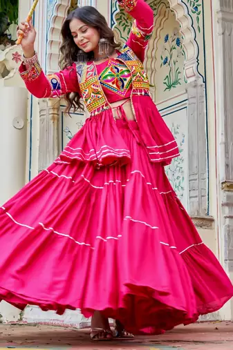 Pink Pure Cotton Mirror Gamthi Work Lehenga Choli