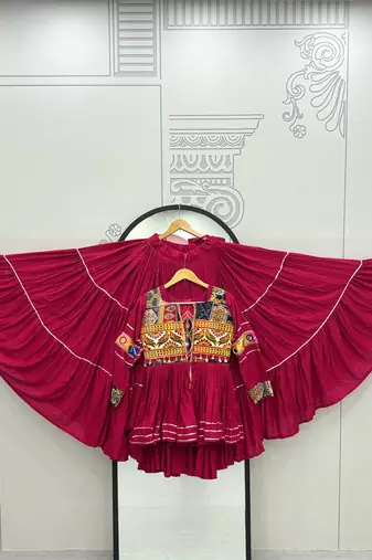 Pink Pure Cotton Mirror Gamthi Work Lehenga Choli
