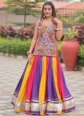 Navratri Wear Multi Color Gamthi Real Mirror Work Cotton Lehenga Choli 2