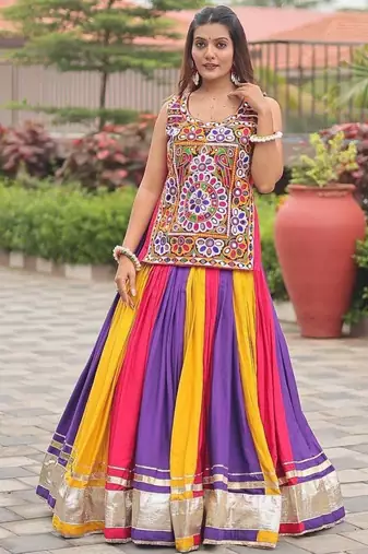 Navratri Wear Multi Color Gamthi Real Mirror Work Cotton Lehenga Choli