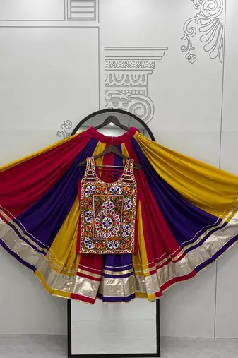 Navratri Wear Multi Color Gamthi Real Mirror Work Cotton Lehenga Choli