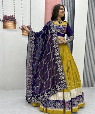 Musterd Color Navratri Special Cotton Chaniya Choli Set with Heavy Embroidery & Sequence Work 1