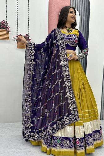 mustard navratri special cotton chaniya choli set with embroidery