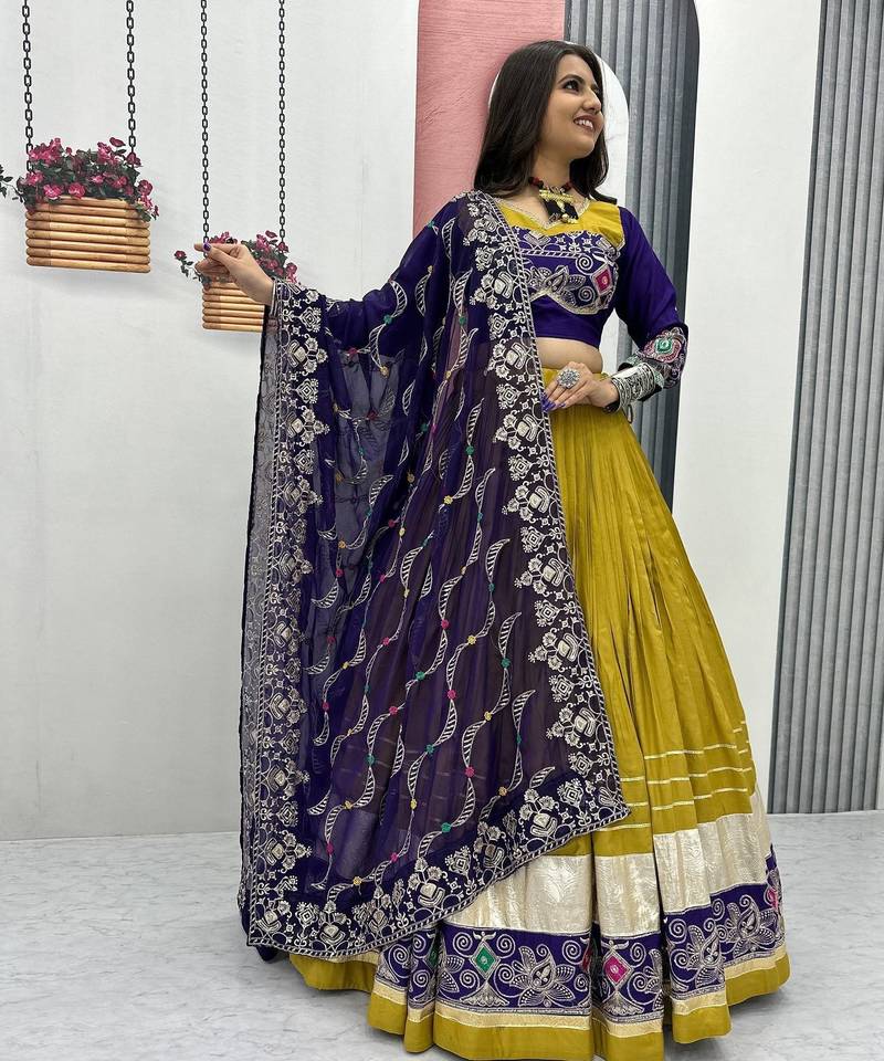 Musterd Color Navratri Special Cotton Chaniya Choli Set with Heavy Embroidery & Sequence Work