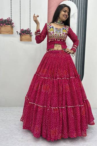 pink faux georgette bandhni printed lehenga choli coord set 