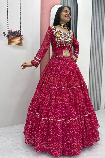 Pink Bandhni Printed Lehenga Choli Coord Set Red Color