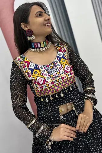 Black Bandhni Printed Lehenga Choli Coord Set Red Color