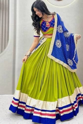parrot green cotton navratri special lehenga choli with ribbon work