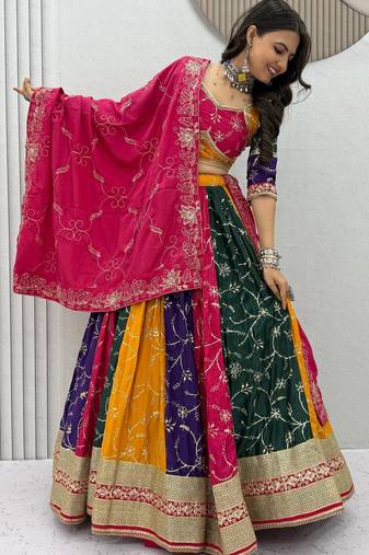Navaratri Multi Color Milki Silk Embroidered Lehenga for Women