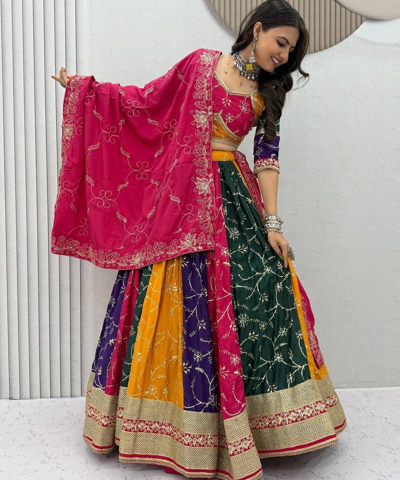 Navaratri Multi Color Milki Silk Embroidered Lehenga for Women