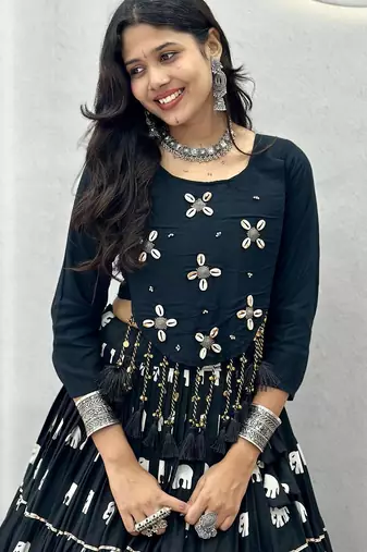 Black Cotton Ribbon Work Navaratri Lehenga Choli