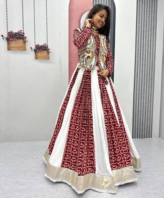 White Maroon Navratri Pure Cotton Lehenga Choli with Gamthi Work for Garba Nights 2