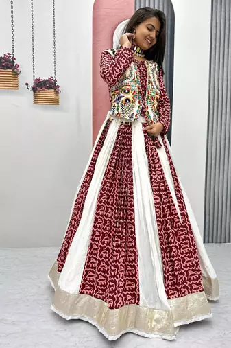 White Maroon Navratri Pure Cotton Lehenga Choli with Gamthi Work for Garba Nights