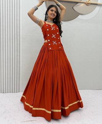 Orange Navaratri Wear Cotton Lehenga Choli with Mirror And Codi Work 1