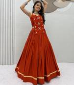 Orange Navaratri Wear Cotton Lehenga Choli with Mirror And Codi Work