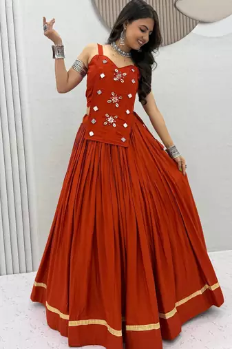 Orange Navaratri Wear Cotton Lehenga Choli with Mirror And Codi Work