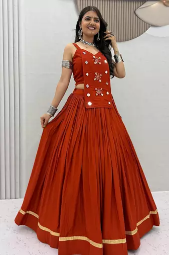 Orange Navaratri Wear Cotton Lehenga Choli with Mirror And Codi Work